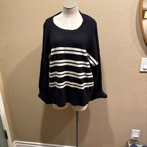 Marled Black Scoop Neck Sweater with White Stripes